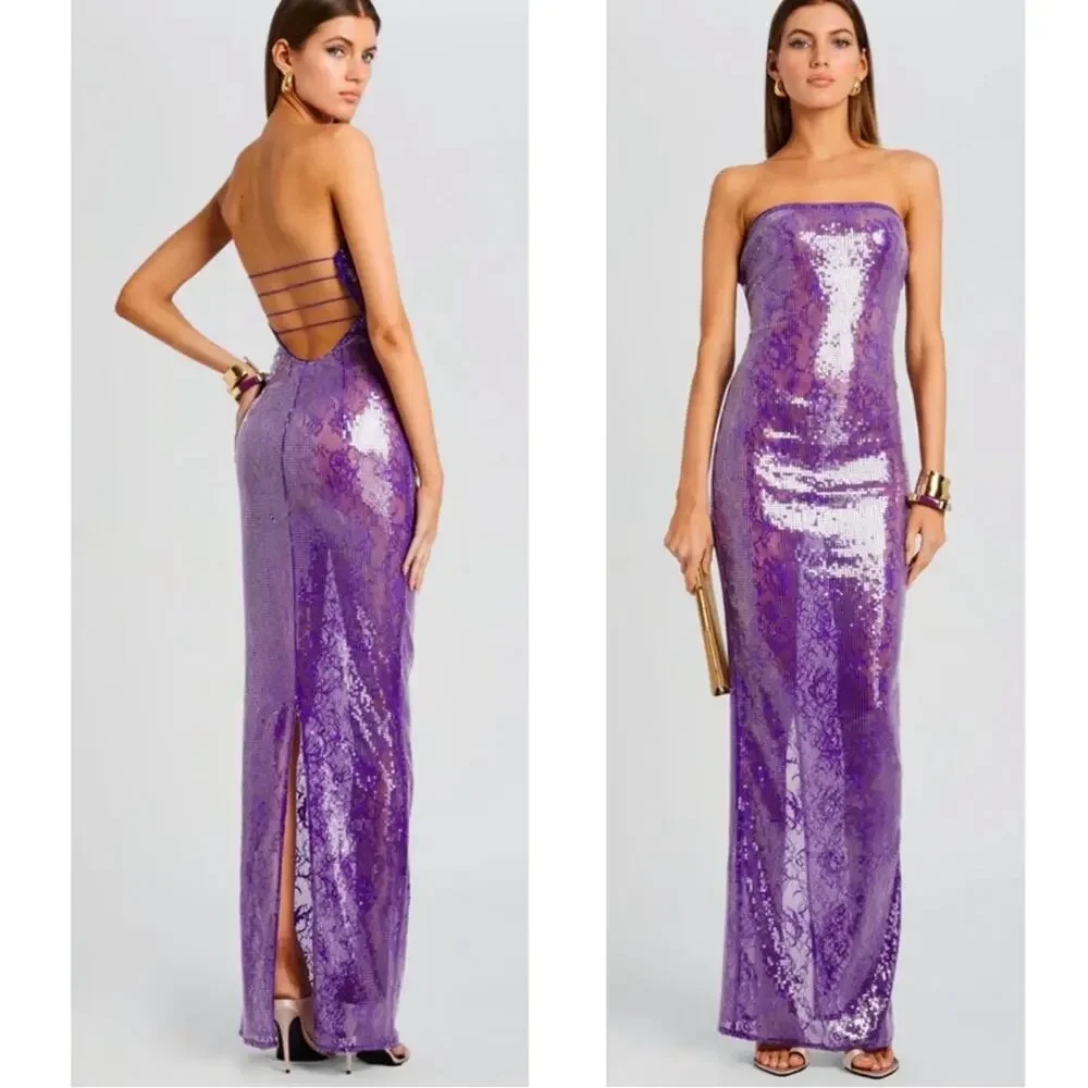 RETROFETE Lucia Sequin Strapless Bodycon Lace Sheer Purple Maxi Dress Size XXS - Picture 2 of 12